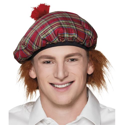 bêret ecossais rouge avec cheveux