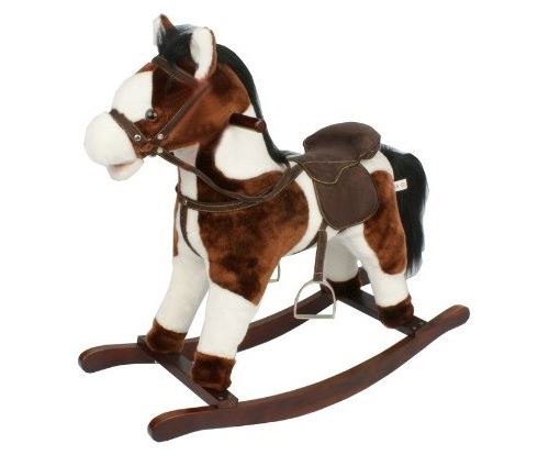 Cheval a bascule brun et blanc avec sons 75x33x66cm (lxlxh) - hauteur selle 46cm - animal - peluche - jouet 1er age bebe
