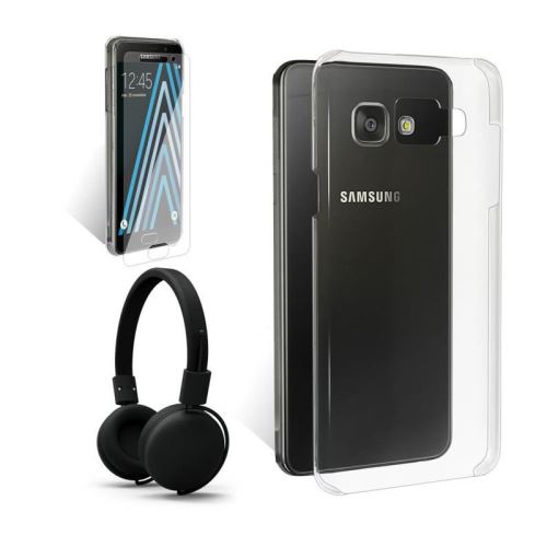 Coque de protection transparente pour SAMSUNG GALAXY A3 2016 + Film protecteur verre trempé dédié + Casque audio - Pack Exopack Solo 3en1
