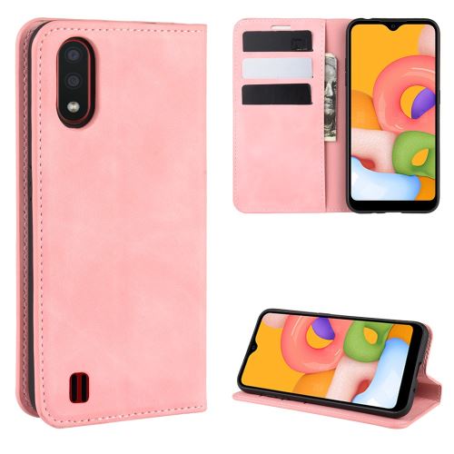 Etui en PU flip auto-absorbant au toucher soyeux avec support rose pour votre Samsung Galaxy A01