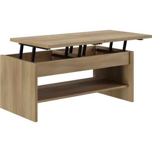 Table Basse ELSA - 2 plateaux relevables - Décor chêne - L 100 x P 50 x H 44 cm