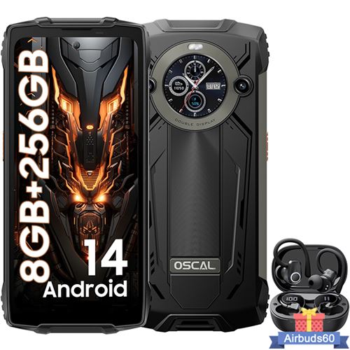 OSCAL PILOT 2 Smartphone Incassable 6.5 Double Écran (8+16)Go+256Go 50MP+32MP 8800mAh Noir avec Écouteurs Bluetooth Airbuds 60