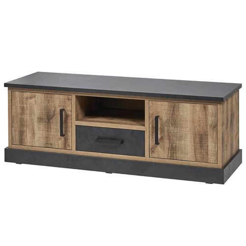 JENNA - Meuble TV 2 Portes Aspect Bois et M&eacute;tal Poudr&eacute; Noir - 