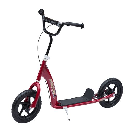 Trottinette patinette pneus 30 cm hauteur guidon r&eacute;glable poign&eacute;e frein et b&eacute;quille acier rouge 