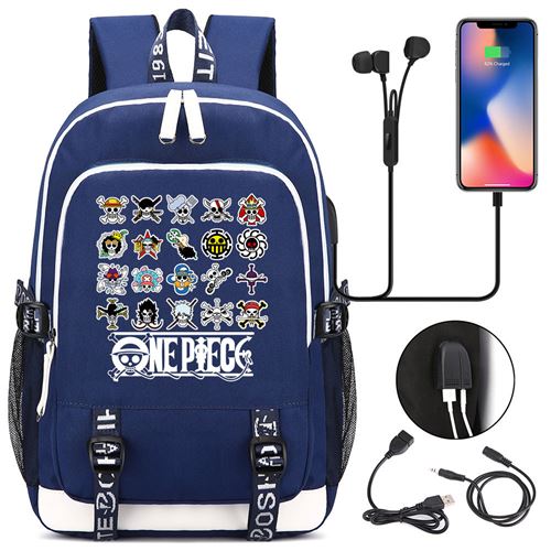 Sac à dos college One Piece avec port de chargement 44*15*30cm les drapeaux pirate - Bleu