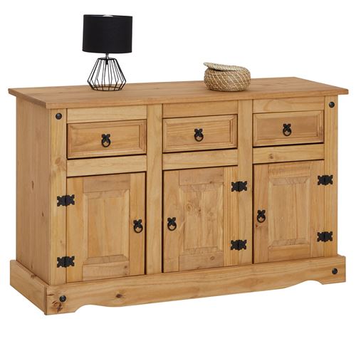 Buffet en pin SALSA style mexicain, 3 portes et 3 tiroirs