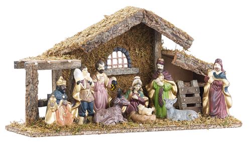 Britesta : Crèche de Noël en bois avec figurines en porcelaine peintes à la main - Grande