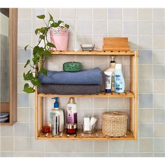 Etagere Murale Salle De Bain Toilettes En Bambou Meuble De Rangement Cuisine 3 Niveaux Avec 2 Crochets Frg28 B N Sobuy Achat Prix Fnac