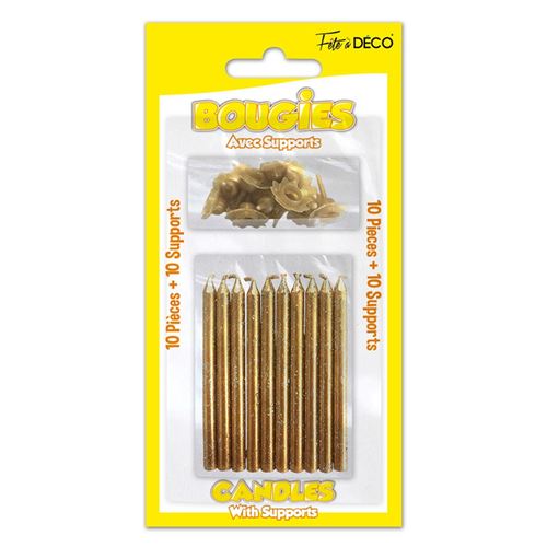 10 bougies pailletées or + 10 supports