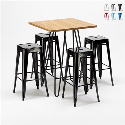 AHD Amazing Home Design - Ensemble de table haute et 4 tabourets en métal style Tolix Brooklyn pour Bars et Pubs, Couleur: Noir