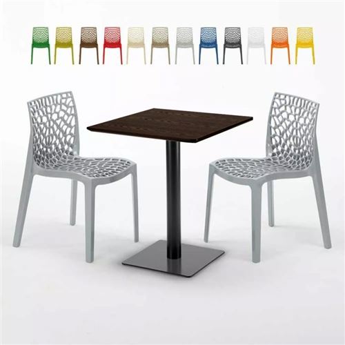 Table carrée 60x60 pied noir et surface bois avec 2 chaises colorées Gruvyer Kiss, Couleur: Gris