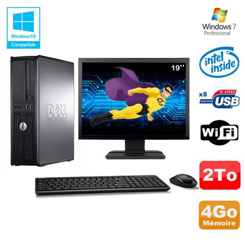 Pc dell optiplex 780 dt intel e5200 2,5ghz 4go 2000go wifi win 7 ecran 19'