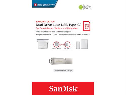 Clé USB SanDisk Ultra Luxe USB 3.1 Type-C 512 Go Argent Clé USB SanDisk Ultra Luxe USB 3.1 Type-C 512 Go Argent