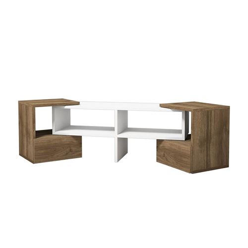 HOMEMANIA Fold TV-Kast- Modern - met planken - van woonkamer - Wit, walnoot in hout, PVC, 141,2 x 29,7 x 38,8 cm