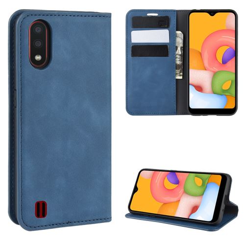 Etui en PU flip auto-absorbant au toucher soyeux avec support bleu pour votre Samsung Galaxy A01