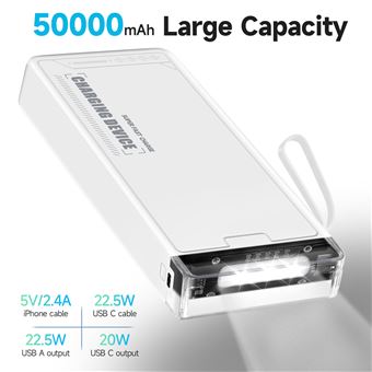 Power Bank 50000mAh Avec écran LED - Charge Rapide 22,5W - 3 Sorties USB, 2 Entrées - Compatible IPhone, Android, Tablette