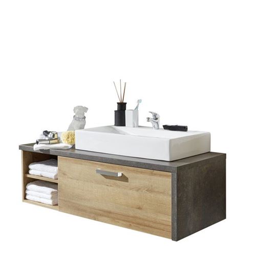 trendteam smart living Meuble bas de salle de bain Bay, 123 x 39 x 53 cm en corps décor pierre béton, façade en chêne miel Riviera a