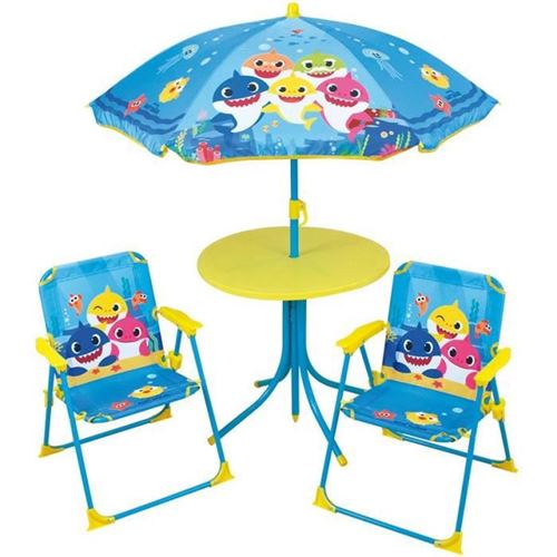 FUN HOUSE Baby Shark Salon de jardin - 1 table H.46xo46 cm, 2 chaises H.53xl.38,5xP.37,5 cm et 1 parasol H.125 x o100 cm