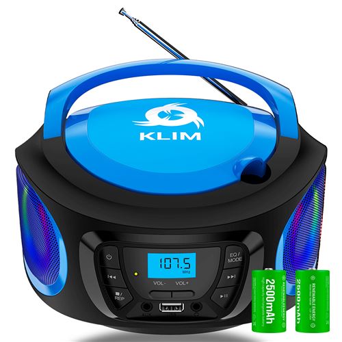 KLIM Boombox Poste Radio CD. Radio FM, Poste CD Bluetooth, MP3, USB, AUX + Piles Rechargeable Incluses + Modes filaire et sans fil + Compact et Robuste + Bleu