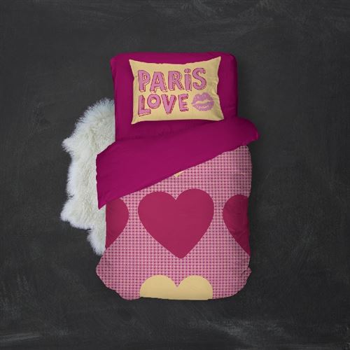HOMEMANIA Pack oreiller et couette Paris Love 1 - Rose, jaune - 155 x 210 cm
