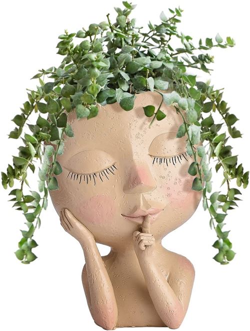 Pot de fleurs en résine, vase créatif en forme de tête humaine A pour la décoration de la maison et du jardin marron clair