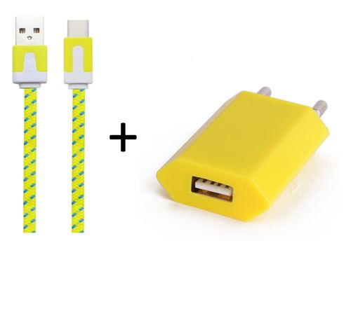Pack Chargeur pour Nintendo Switch Smartphone Type C (Cable Noodle 1m Chargeur + Prise Secteur USB) Murale Android (JAUNE)
