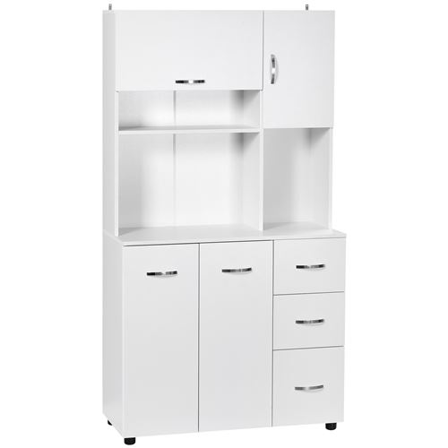 Armoire de cuisine multi-rangements 4 portes 3 tiroirs étagère + grand plateau 89L x 39l x 168H cm MDF blanc