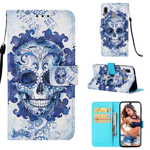 Etui en PU impression de motifs à l'aide d'un ruban crâne bleu et fleurs pour votre Samsung Galaxy A40