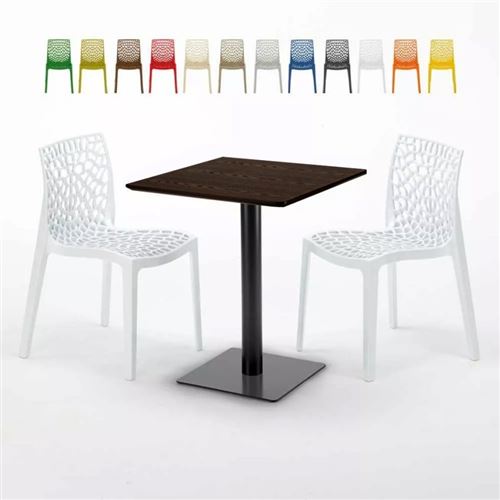 Table carrée 60x60 pied noir et surface bois avec 2 chaises colorées Gruvyer Kiss, Couleur: Blanc