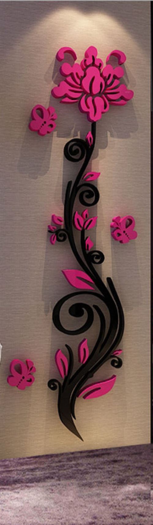 Rose design noire - fuchsia 3D miroir acrylique adhésif (38 x 100 cm)