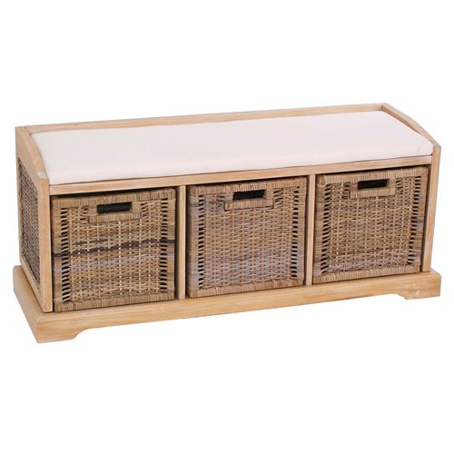 Banc / banquette Bienne, avec 3 paniers de rangement, bois/osier, 112x37x46cm