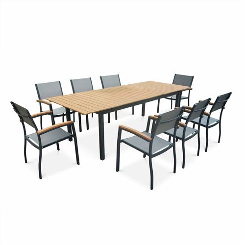 Sweeek Salon de jardin en bois Sevilla aluminium extensible table200/250cm avec rallonge 8 fauteuils en aluminium bois d'Eucalyptus huilé et textilène