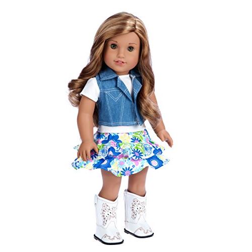Feeling Happy - 4 piece outift - skirt, white t-shirt, blue jeans, vest and white cowgirl boots - 18 inch Doll Clothes (doll not included)