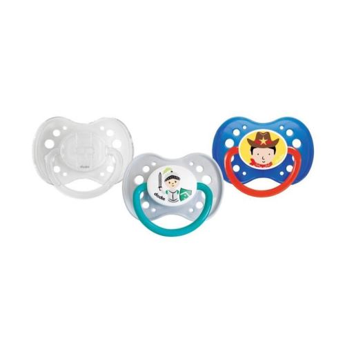 DODIE- Lot de 3 sucettes +18 mois chevalier/cowboy/transparent