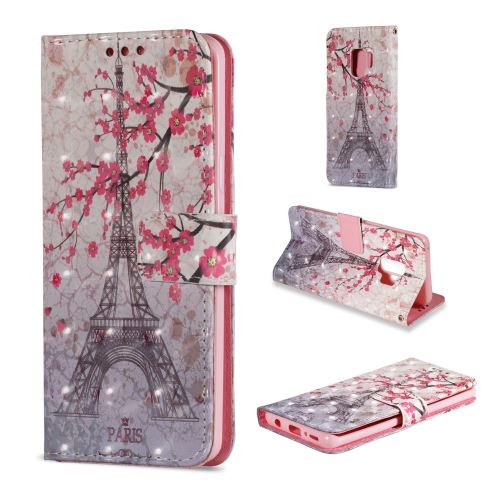 Etui en PU support d'impression de la tour eiffel et de prunier pour Samsung Galaxy S9