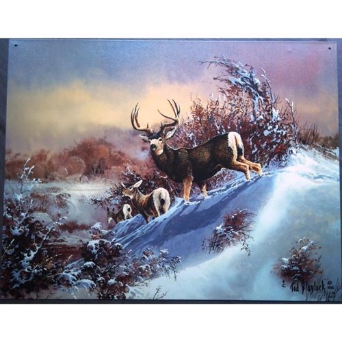 plaque avec des cerfs dans la neige tole déco nature pub usa