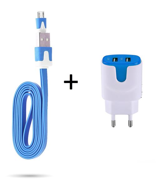 Pack Chargeur Pour Manette Playstation 4 Ps4 Smartphone Micro-usb (cable Noodle 1m Chargeur + Double Prise Secteur Couleur Usb) (bleu)