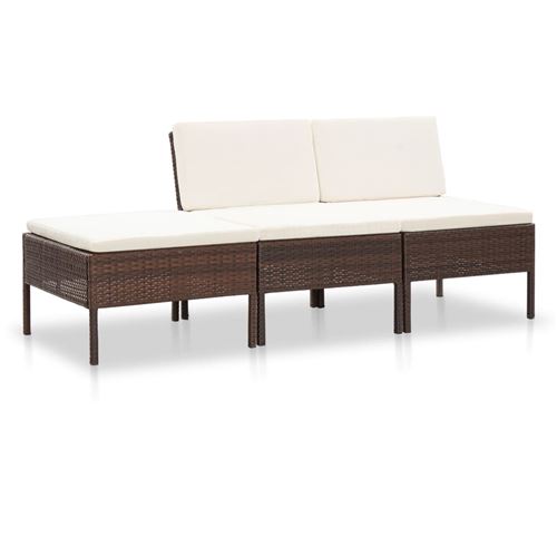 vidaXL Canapé de jardin 3 pièces - Résine tressée marron - Coussins blancs