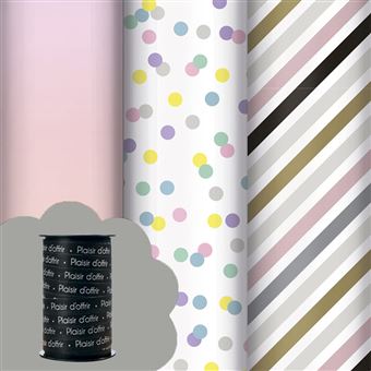 Lot de 3 gros rouleaux papier cadeau 10m Basic Rainbow CLAIREFONTAINE + 2 bolducs noir et blanc - 1