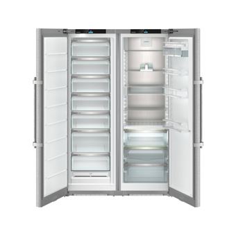 Side-by-Side BluPerformance : SFNsdd5257 (277 l. Classe D) + SRBsdd5250 (386 l. Classe D) congelateur NoFrost/Refrigerateur PowerCooling FreshAir avec BioFresh (0C). Electronique tactile couleur, poignees a depression. Portes inox anti-traces.