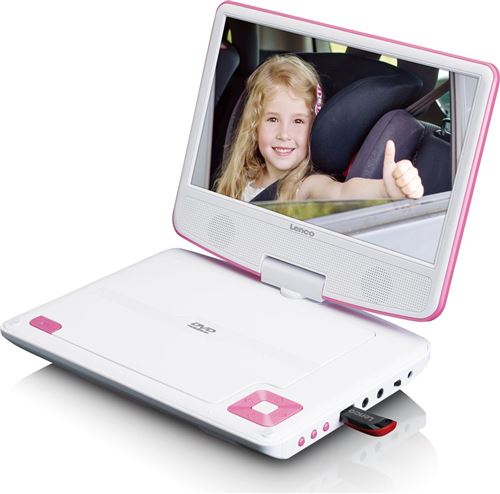 Lenco DVP-920PK Portable DVD Player with 9" Swivel Screen Earphone/SD Card/USB/AV-in/AV-out, Direct Play in Formats AVI/RMVB/MP3/JPEG - Pink / White