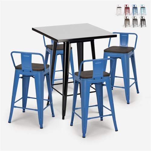 Ensemble 4 Tabourets Tolix Table Noire 60x60cm Métal Industriel Buch Black, Couleur: Bleu