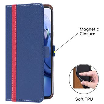 Coque Portefeuille + Verre Trempé Pour Xiaomi 11T / 11T Pro - Bleu Foncé Et Rouge, Neuf