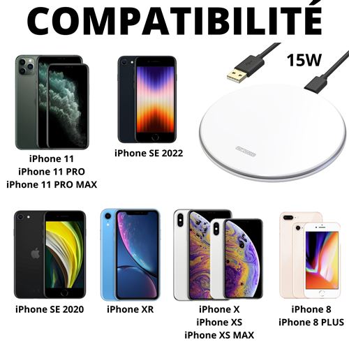 Chargeur Induction Rapide 15W Compatible iPhone 11/11 PRO/11 PRO MAX/SE  2022/SE 2020/X/XR Recharge Sans Fil Qi Wireless®