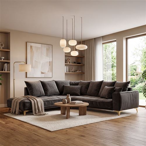 Canap&eacute; Velours Angle Gauche Gris Fonc&eacute; Altamo - 4 Places - Gris fonc&eacute;