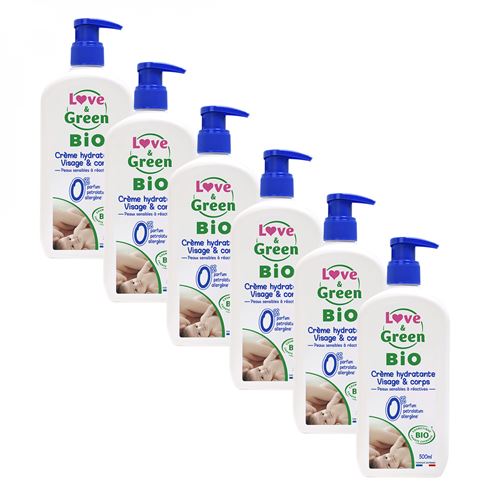 Love and Green - Lot de 6 Crèmes hydratantes bébé visage et corps - 500ml - Bio