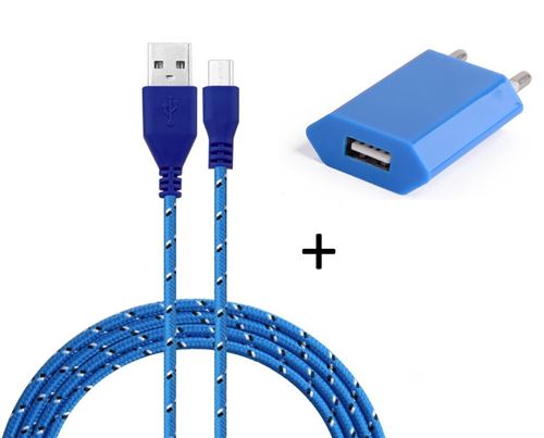 Pack Chargeur pour SAMSUNG Galaxy A3 2016 Smartphone Micro-USB (Cable Tresse 3m Chargeur + Prise Secteur USB) Murale Android Uni (BLEU)