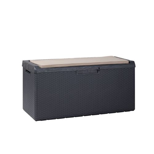 Coffre de Jardin 350L Noir Portonovo avec Coussin L123xP54xH59 cm Resine Anti UV Haute résistance gel et intempéries