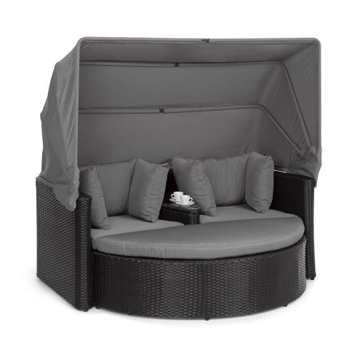 Blumfeldt Heartland Canapé lounge de jardin 2 places avec tabouret , table & parasol pliable , charge 160kg - Polyrotin - Gris