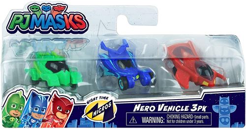 PJ Masks - Coffret 3pcs Véhicules / voitures - Night time micros hero - Personnages Pyjamasques : Gekko + Owlette + Glider